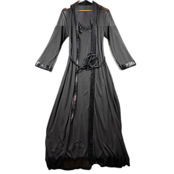 Vintage Slip Dress Nightgown Robe Set Sheer Velvet Trim Black Silver Small F177 - Picture 1 of 10